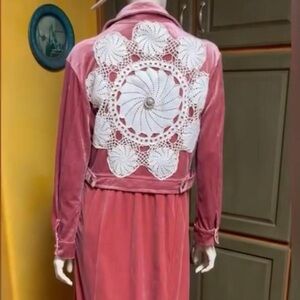 Boho Chic Pink Velvet Duster Jacket with Lace Accent